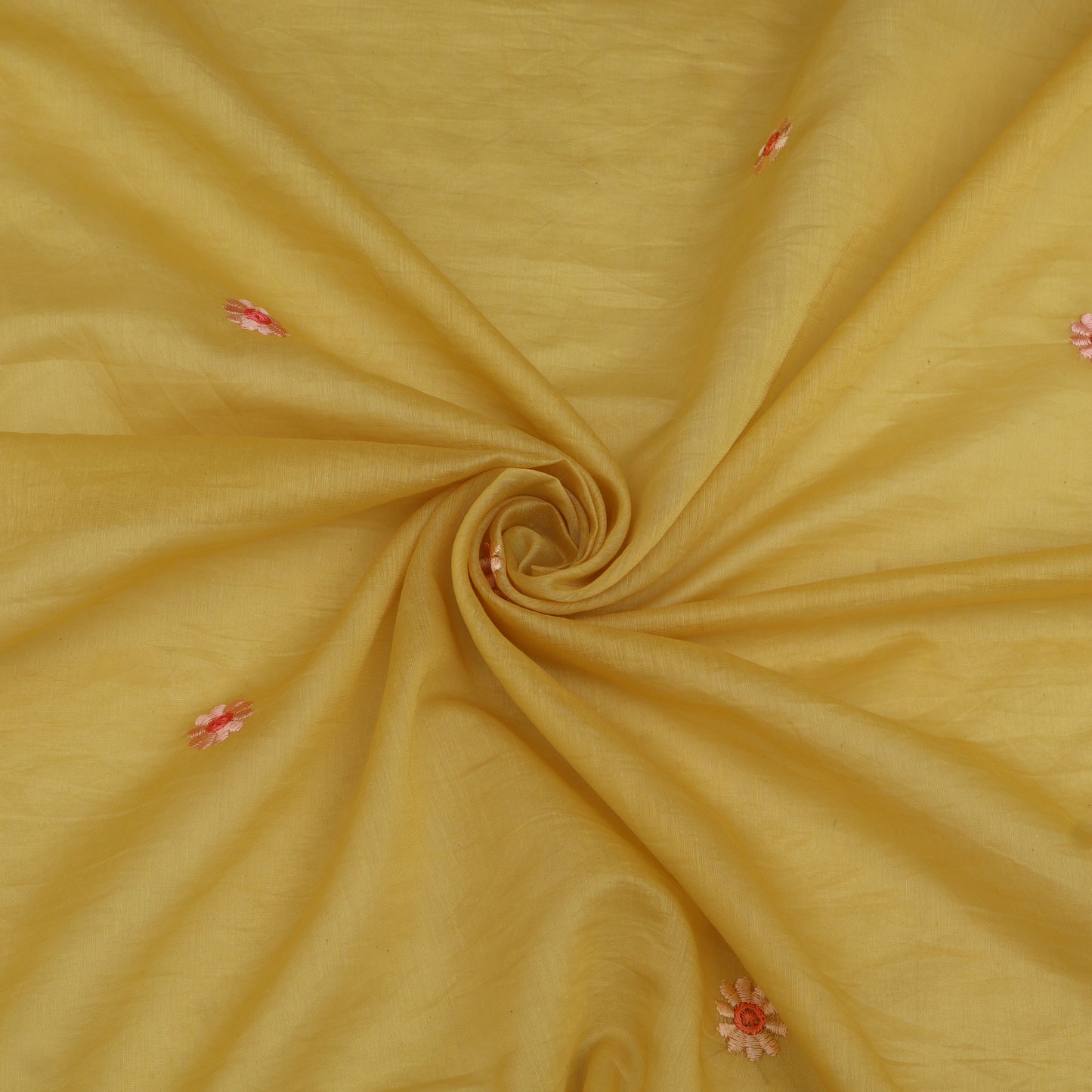 Yellow fabric with small floral patterns, rolled up in a spiral.