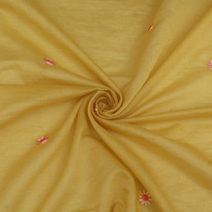 Yellow fabric with small floral patterns, rolled up in a spiral.