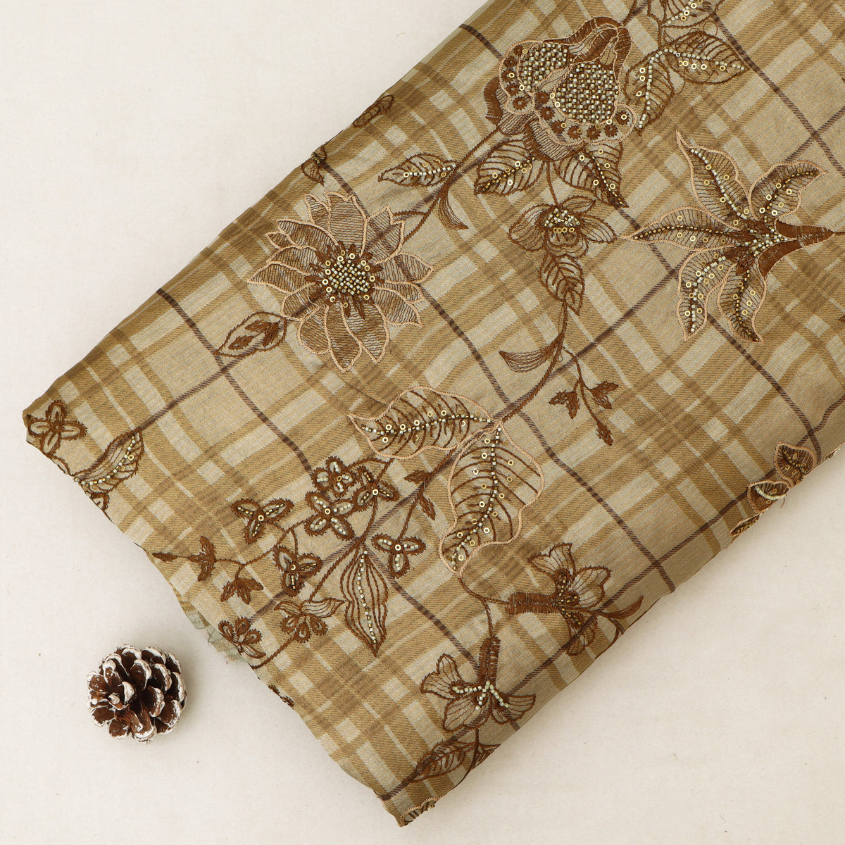 Beige Pure Tissue Check Floral Embroidered Fabric