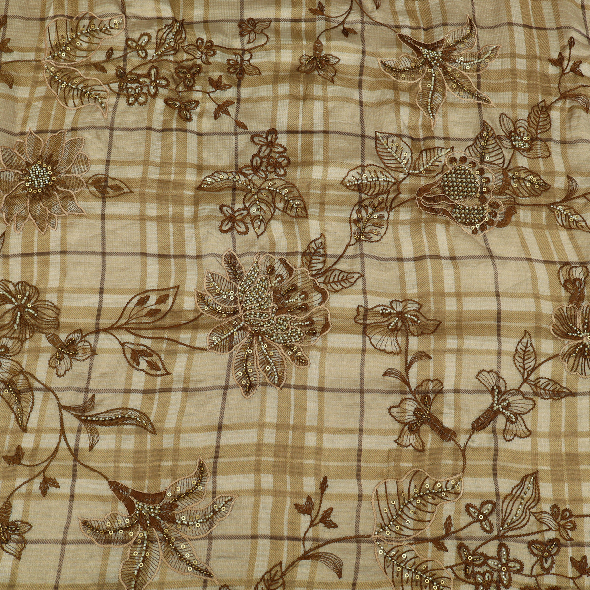Beige Pure Tissue Check Floral Embroidered Fabric