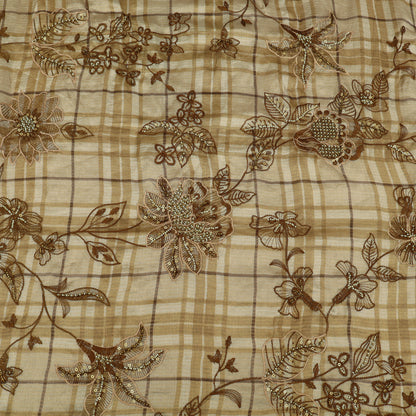Beige Pure Tissue Check Floral Embroidered Fabric