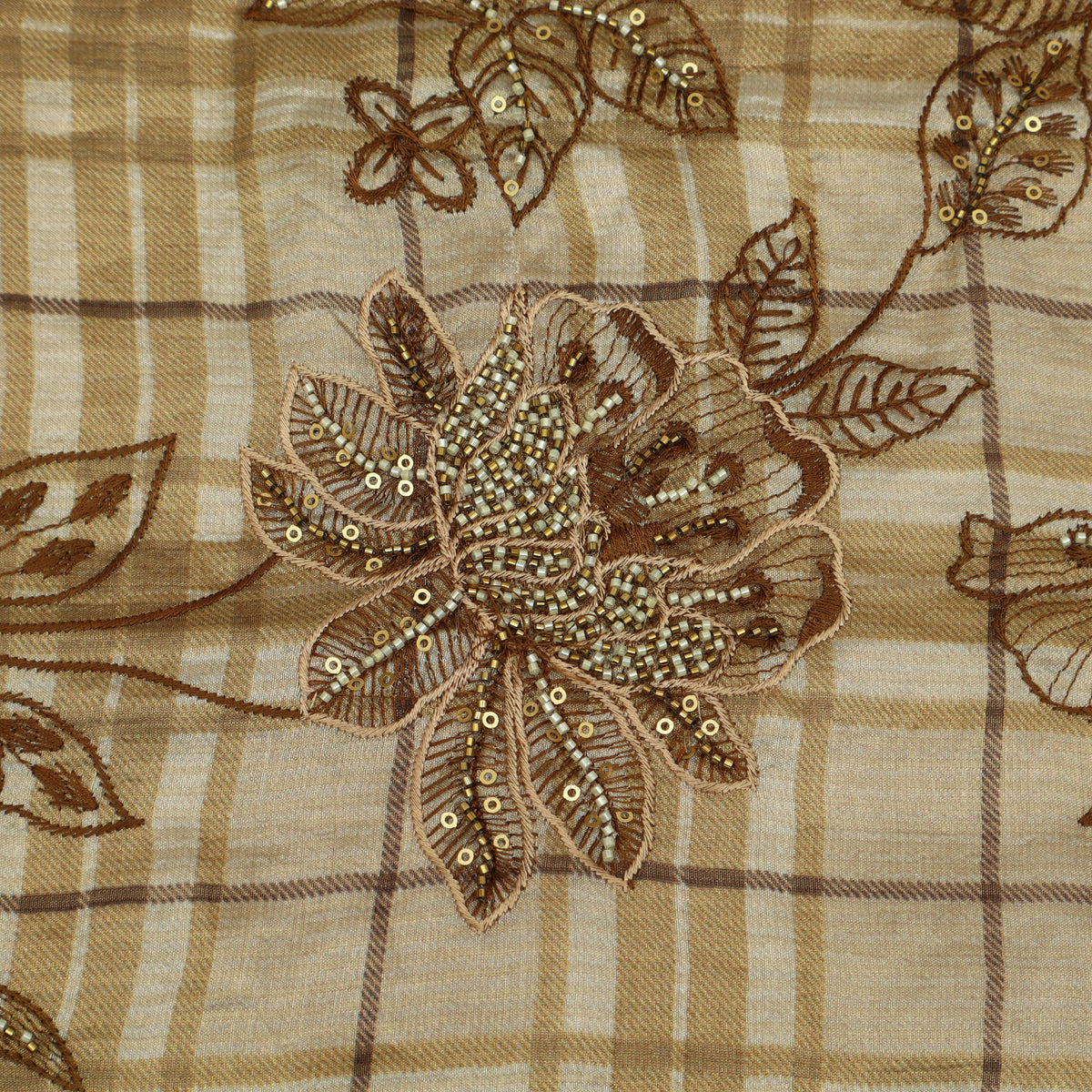 Beige Pure Tissue Check Floral Embroidered Fabric