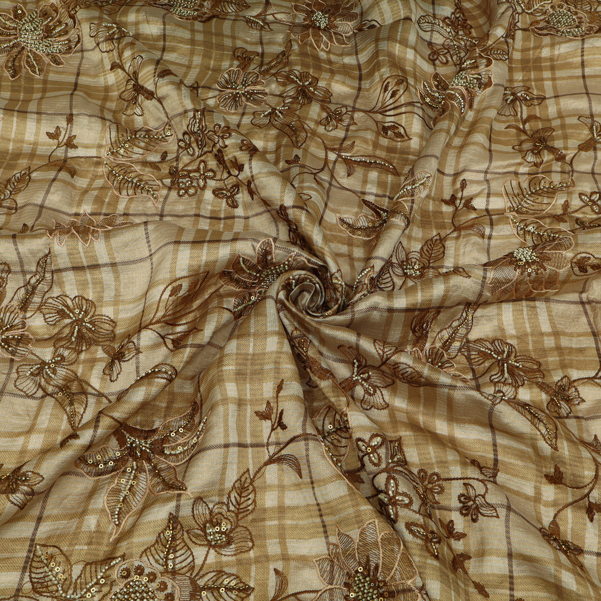 Beige Pure Tissue Check Floral Embroidered Fabric