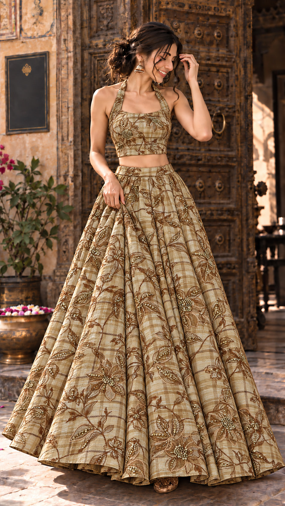 Beige Pure Tissue Check Floral Embroidered Fabric