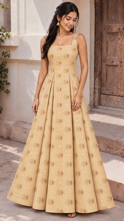Beige Pure Tissue Mukaish Embroidery Fabric