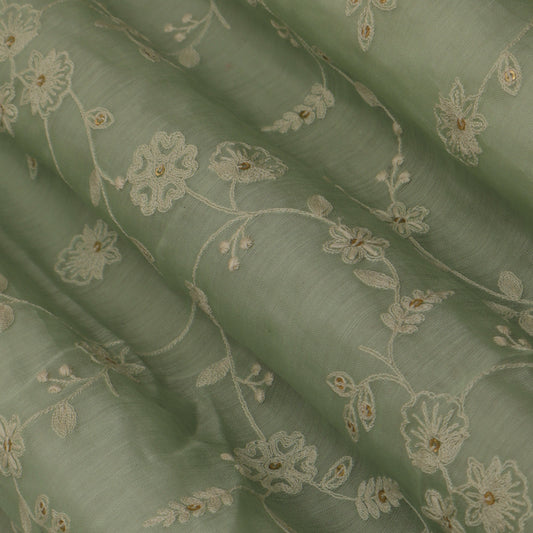 Sea Green Color Chanderi Embroidery Fabric