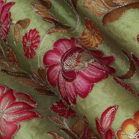 Pista Green Color Chinon Position Print Embroidery Fabric