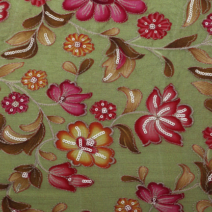 Pista Green Color Chinon Position Print Embroidery Fabric