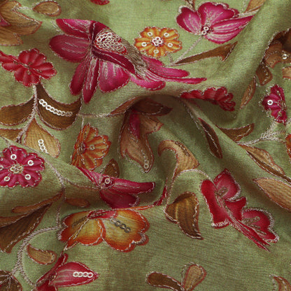 Pista Green Color Chinon Position Print Embroidery Fabric