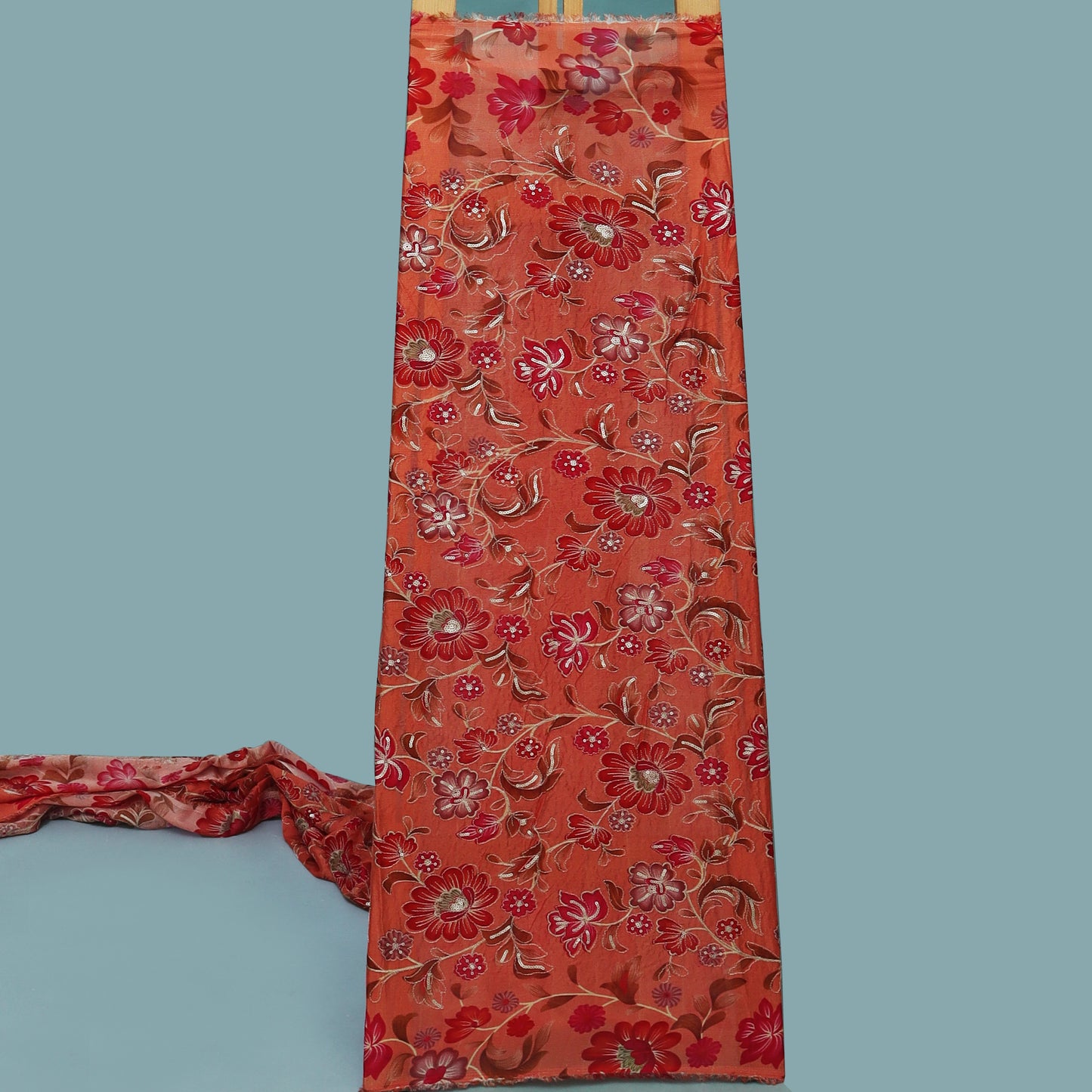 Peach Color Chinon Position Print Embroidery Fabric