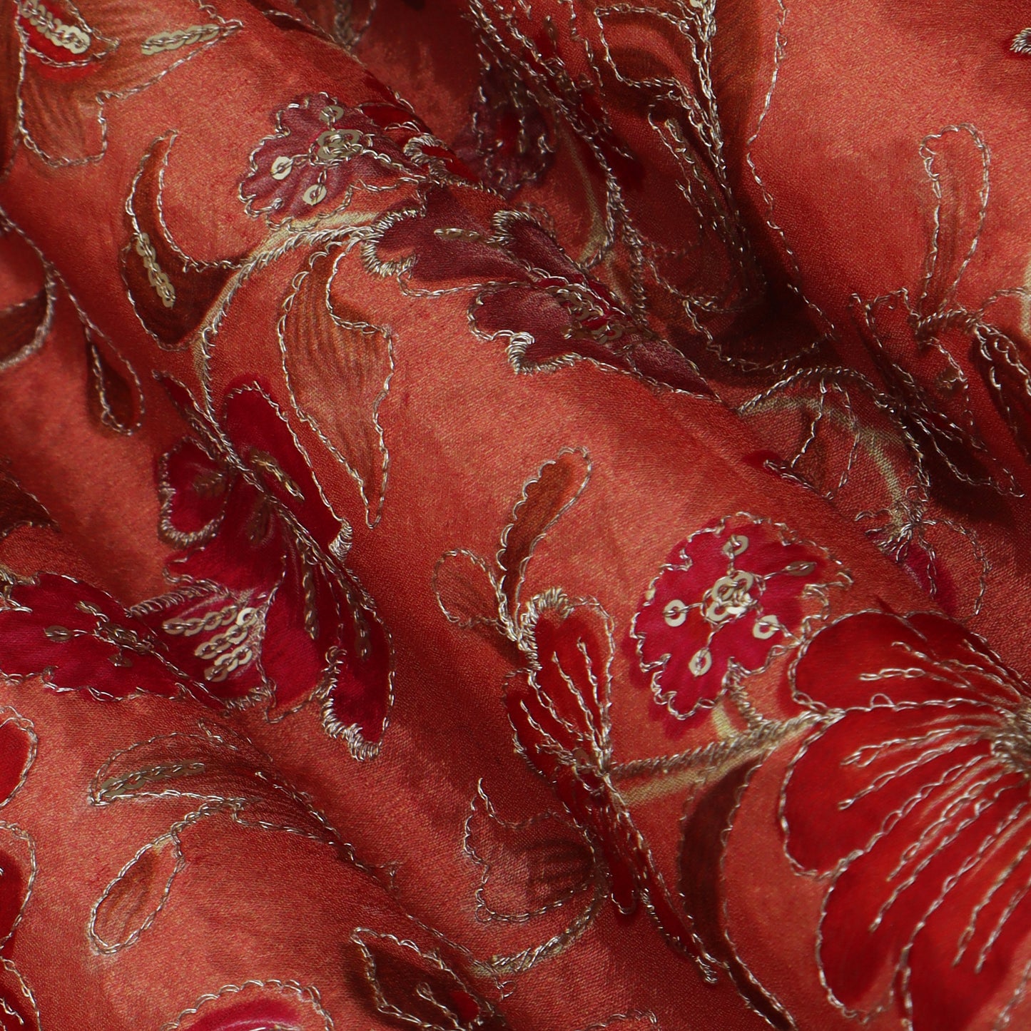 Peach Color Chinon Position Print Embroidery Fabric