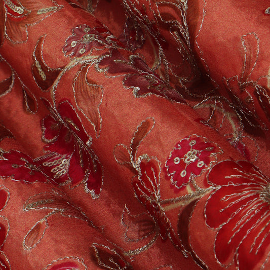 Peach Color Chinon Position Print Embroidery Fabric