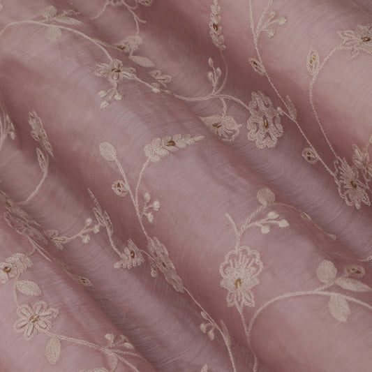 Pink  Color Chanderi Embroidery Fabric