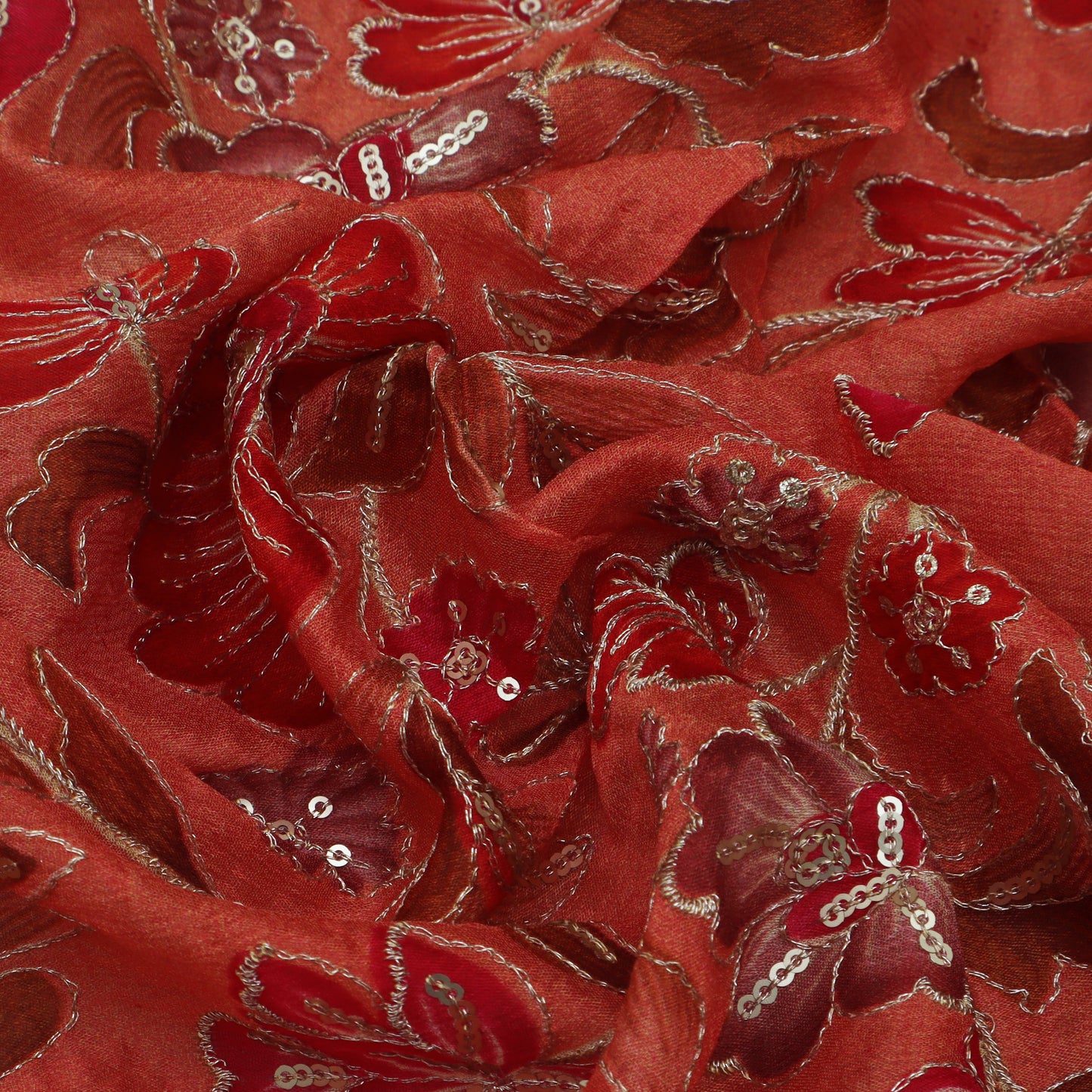 Peach Color Chinon Position Print Embroidery Fabric