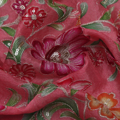 Pink Color Chinon Position Print Embroidery Fabric