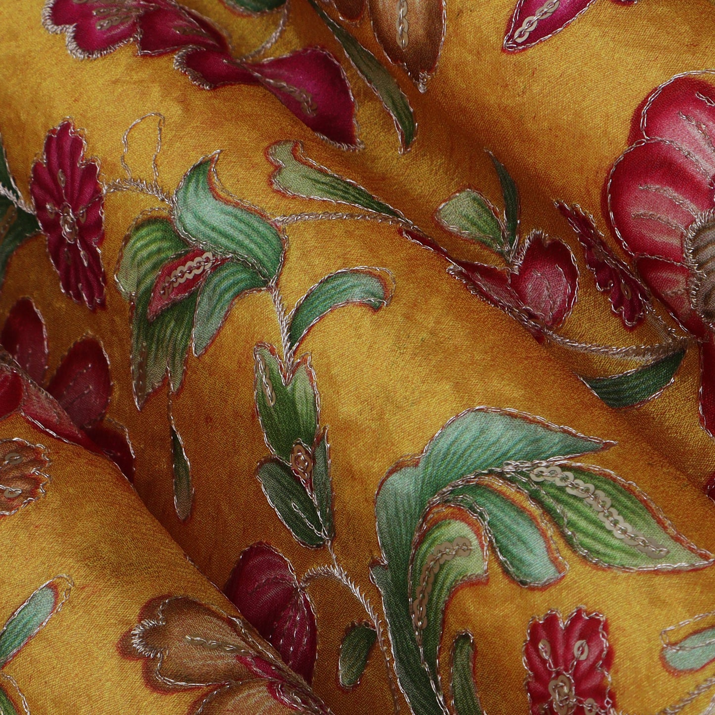 Yellow Color Chinon Position Print Embroidery Fabric