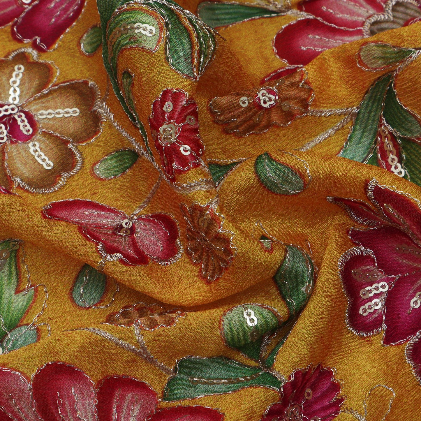 Yellow Color Chinon Position Print Embroidery Fabric