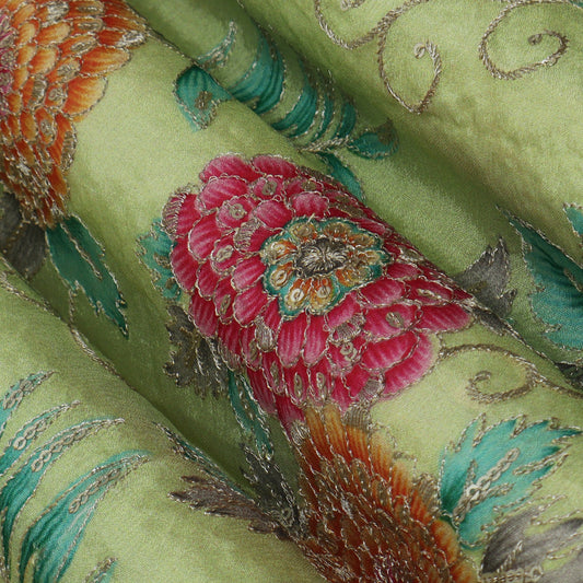 Pista Green Color Chinon Position Print Embroidery Fabric