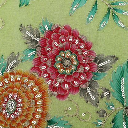 Pista Green Color Chinon Position Print Embroidery Fabric