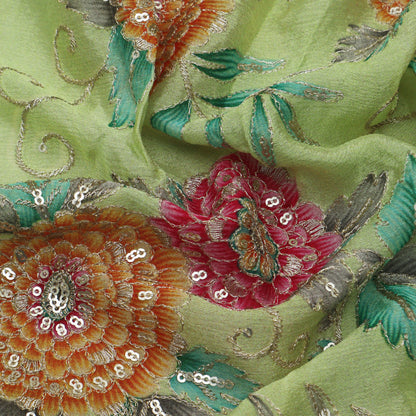Pista Green Color Chinon Position Print Embroidery Fabric