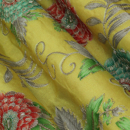 Yellow Color Chinon Position Print Embroidery Fabric