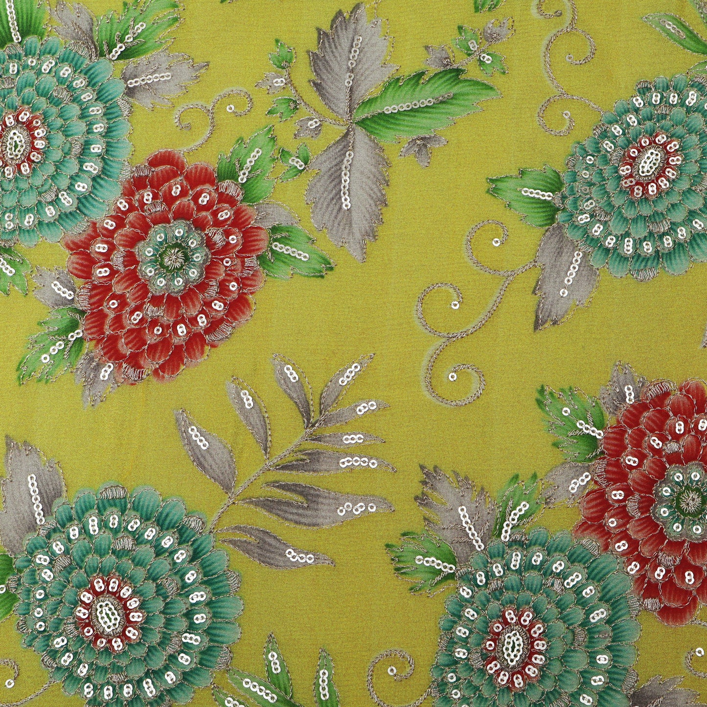 Yellow Color Chinon Position Print Embroidery Fabric