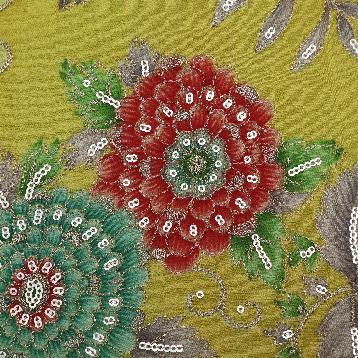 Yellow Color Chinon Position Print Embroidery Fabric