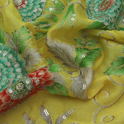 Yellow Color Chinon Position Print Embroidery Fabric