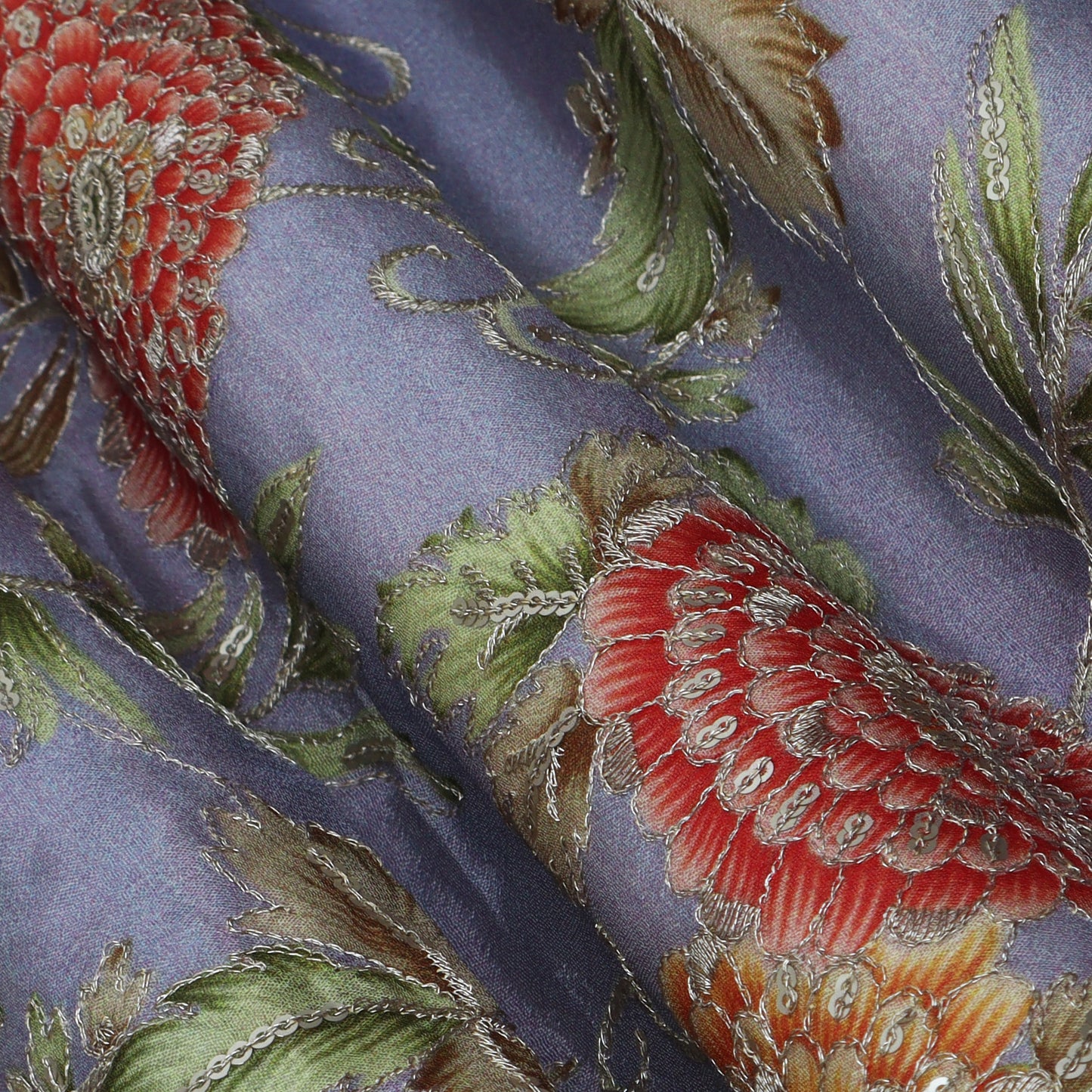 Lavender Color Chinon Position Print Embroidery Fabric