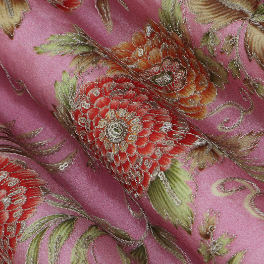 Pink Color Chinon Position Print Embroidery Fabric