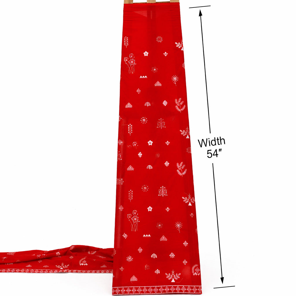 Red fabric with white patterns and measurements on a white background
