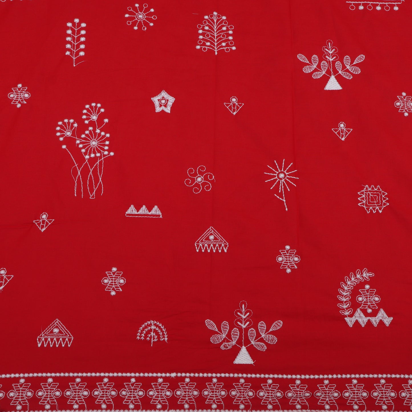 Red fabric with white geometric patterns