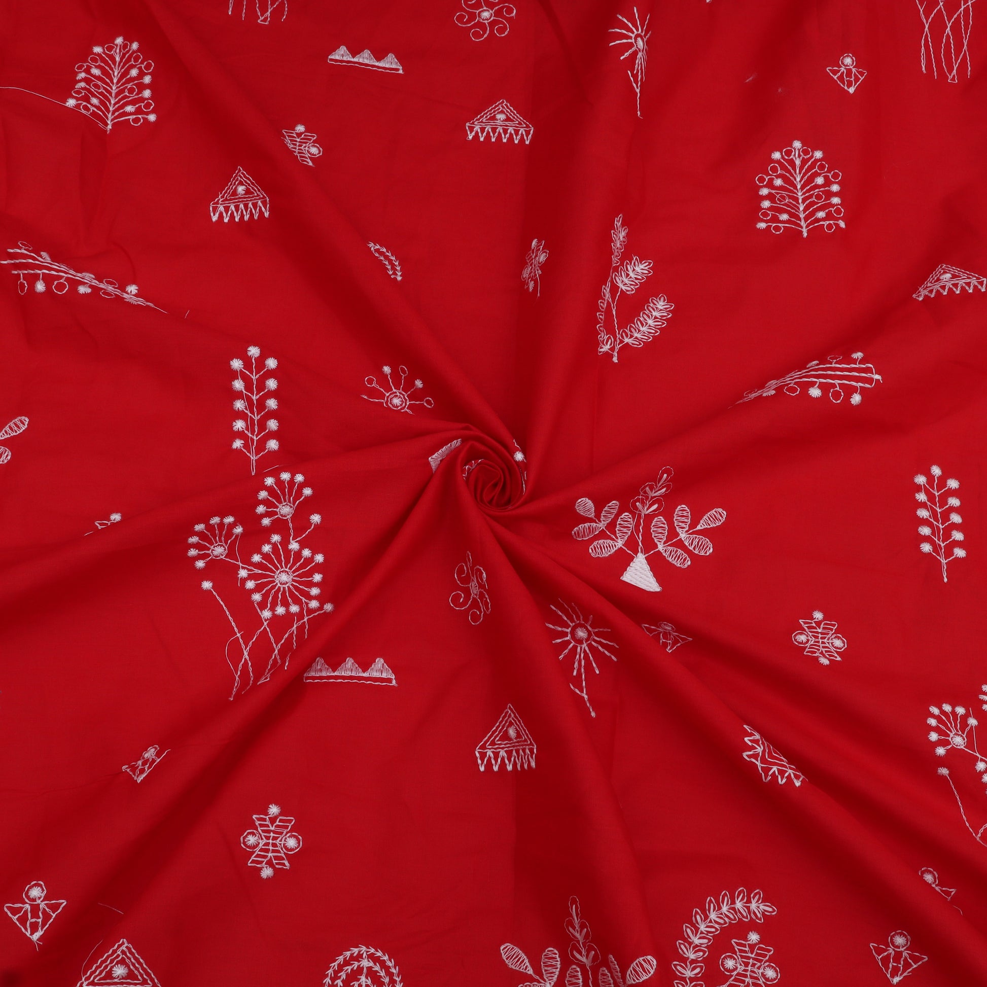 Red fabric with white floral patterns