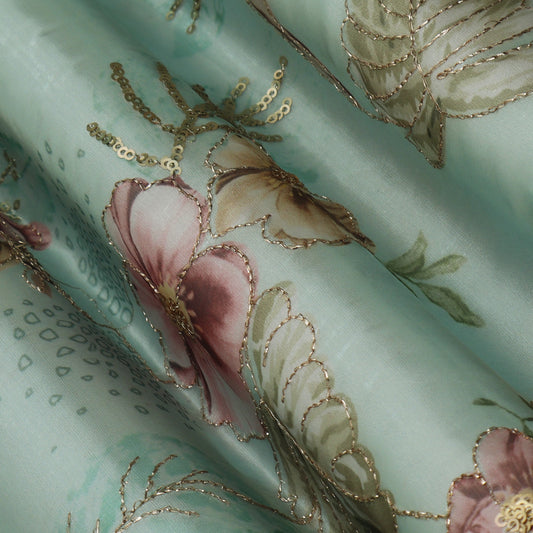 Sea Green Color Jimmy Choo Print Embroidery Fabric