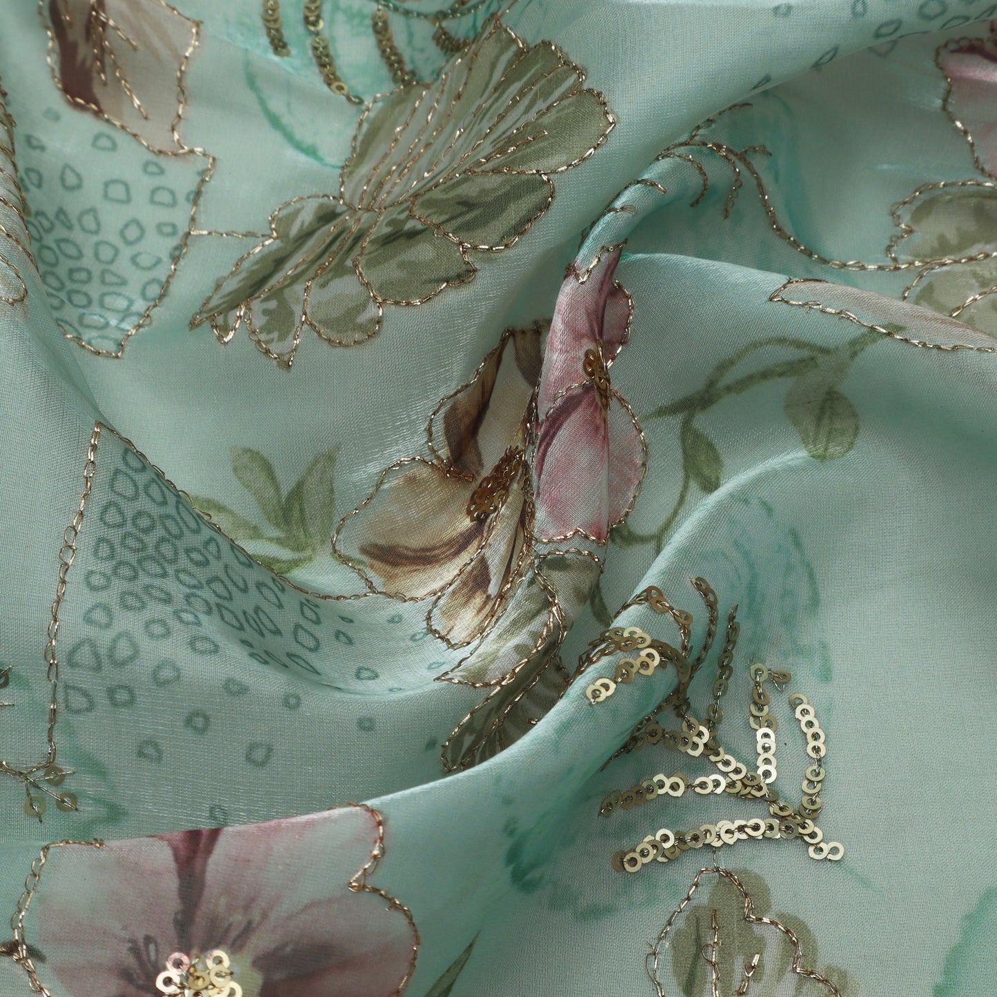 Sea Green Color Jimmy Choo Print Embroidery Fabric