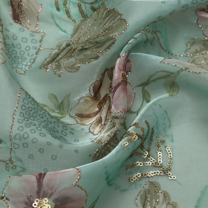 Sea Green Color Jimmy Choo Print Embroidery Fabric