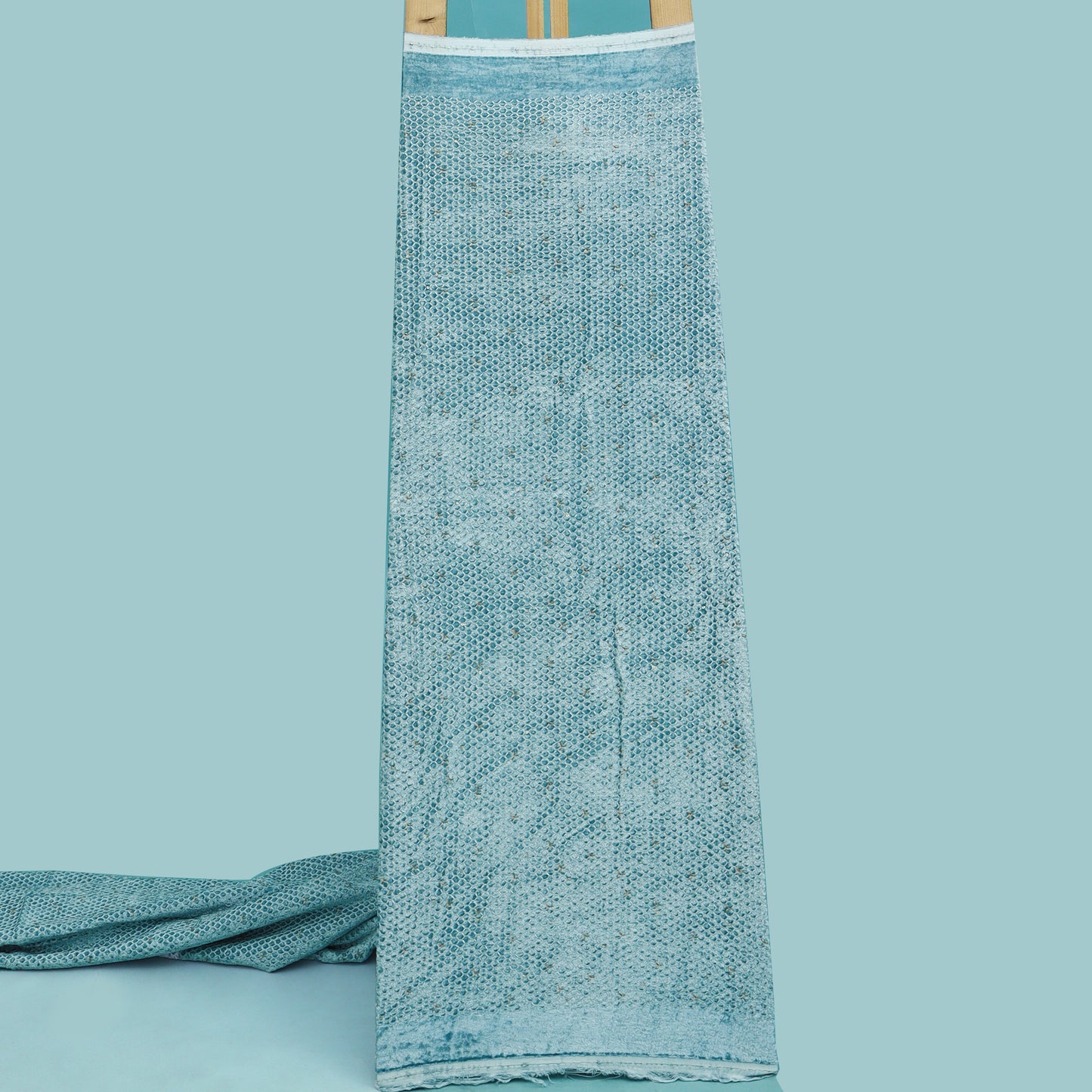 Ocean Blue Color Velvet Embroidery Fabric