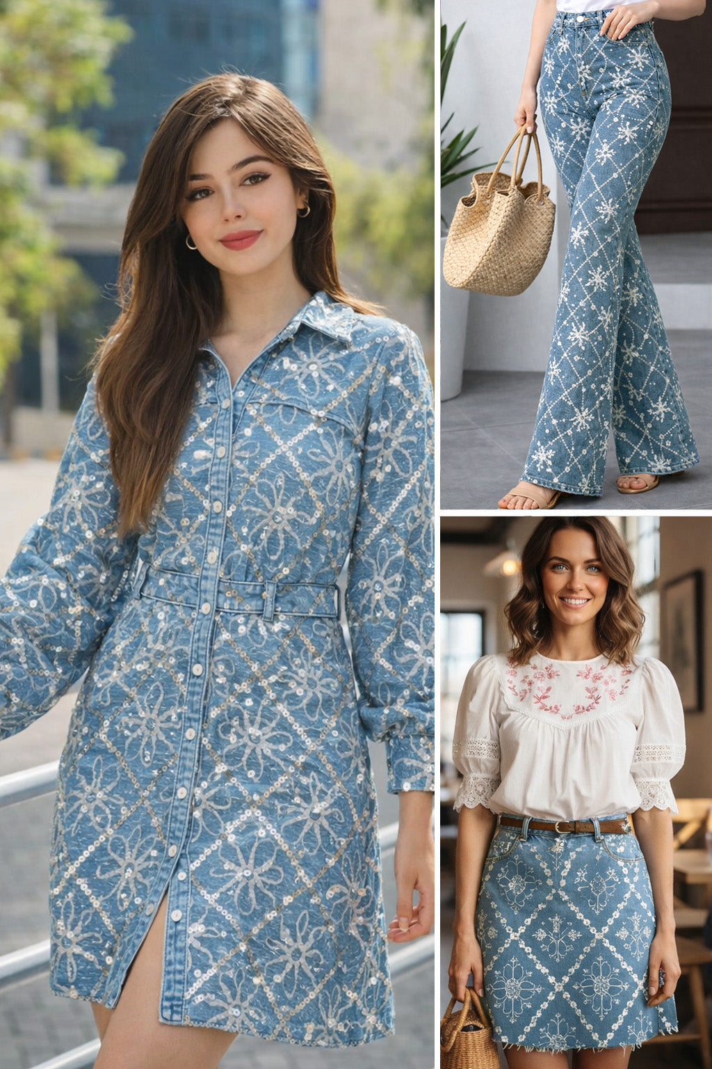 Floral Sequins Denim Embroidery