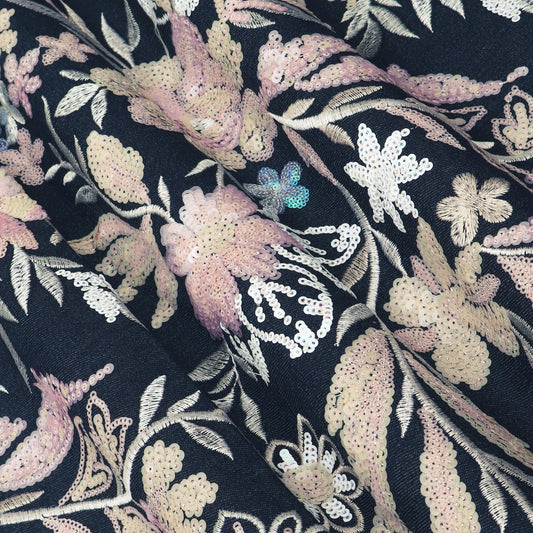 Black Floral Sequin Denim Fabric