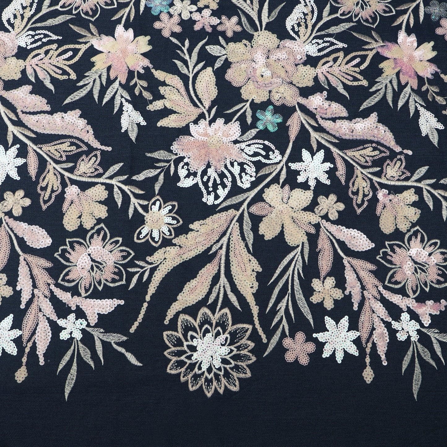 Black Floral Sequin Denim Fabric