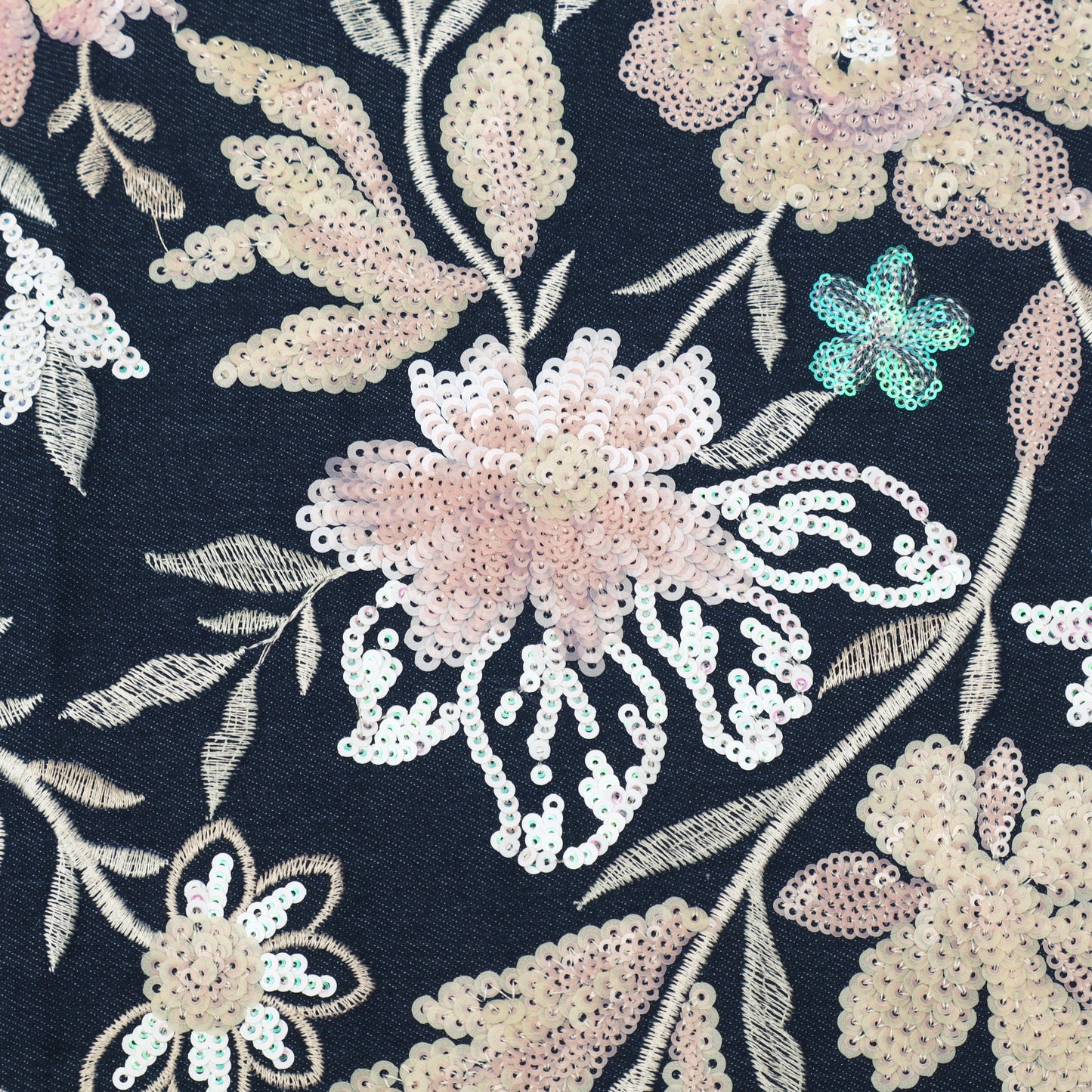 Black Floral Sequin Denim Fabric