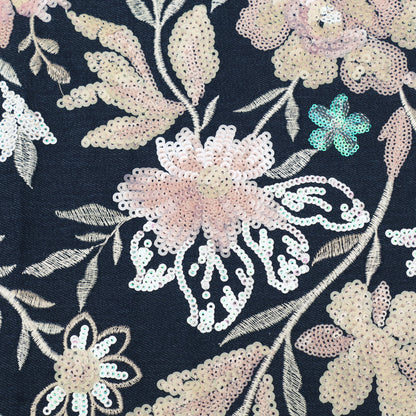 Black Floral Sequin Denim Fabric