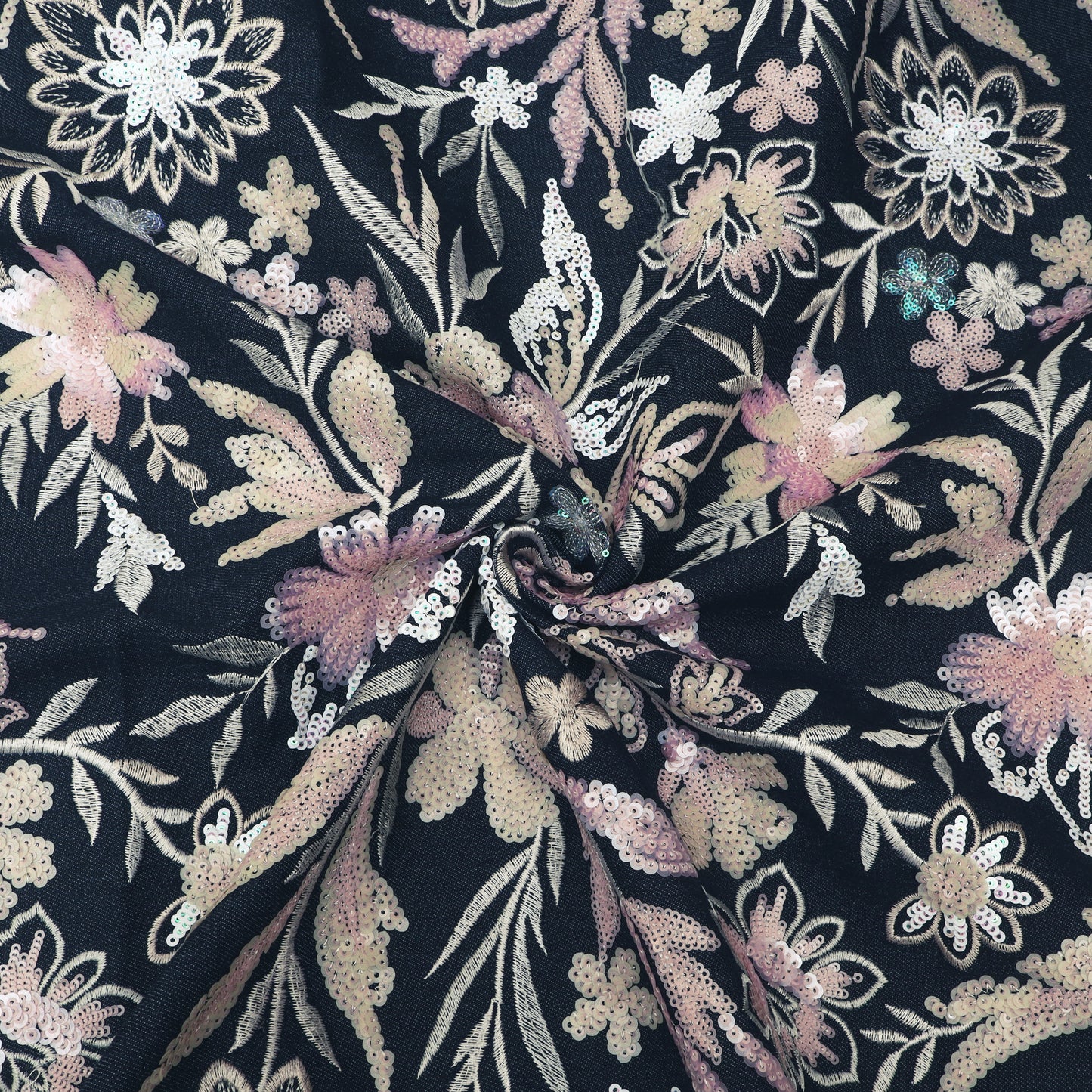 Black Floral Sequin Denim Fabric