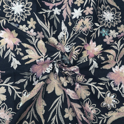 Black Floral Sequin Denim Fabric