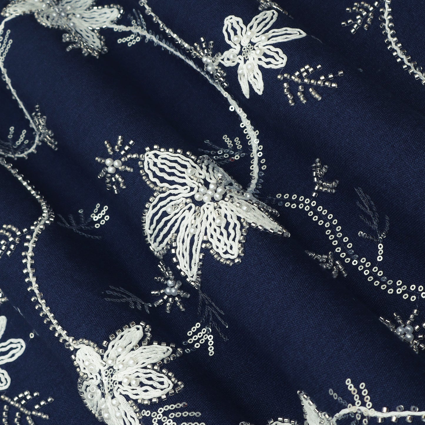 Navy Blue White Floral Denim Fabric