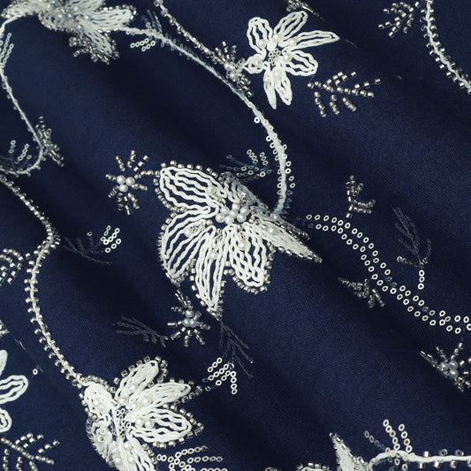 Navy Blue White Floral Denim Fabric