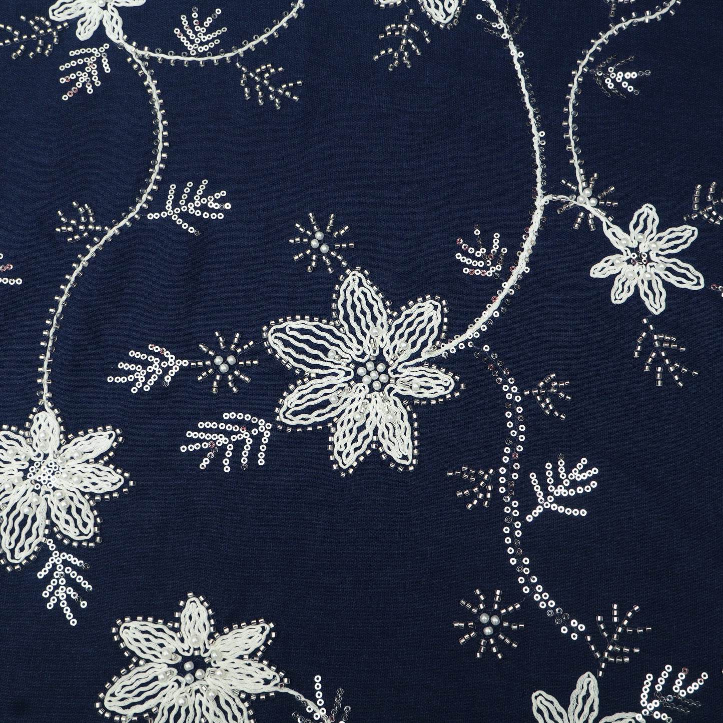 Navy Blue White Floral Denim Fabric