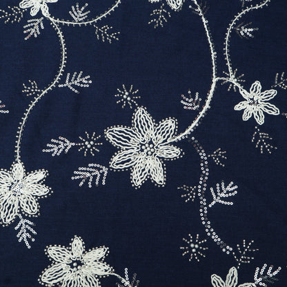 Navy Blue White Floral Denim Fabric