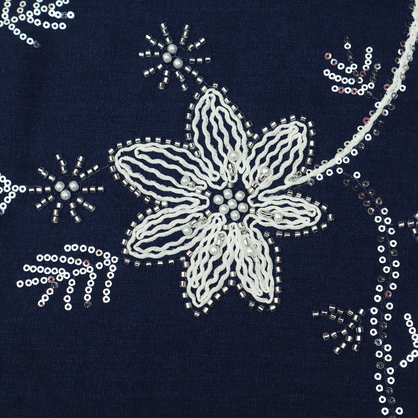 Navy Blue White Floral Denim Fabric