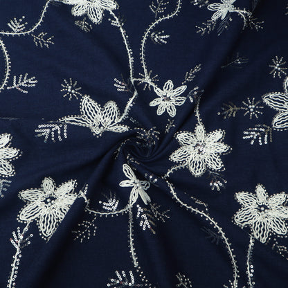 Navy Blue White Floral Denim Fabric